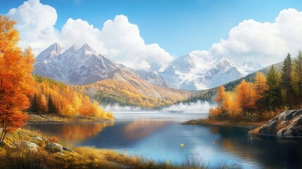 Obraz premium A picturesque autumn lake surrounded by vibrant foliage and majestic mountains, ideal for eco-tourism promotions and serene nature wallpapers.