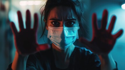 An anxious individual in a medical mask raises their hands in a gesture of cleanliness and caution, emphasizing health awareness in a dimly lit environment.