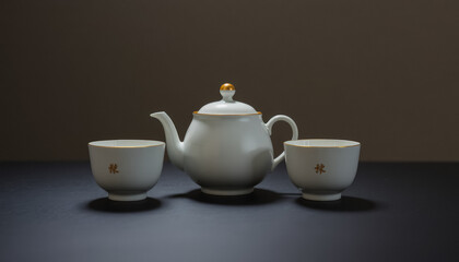 Fototapeta premium Elegant White Teapot with Cups on Wooden Table