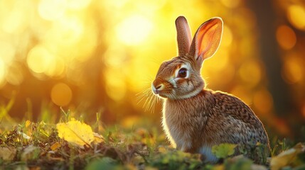 Rabbit sitting on vibrant autumn leaves in a sunlit forest, with a golden sunset illuminating the background and creating a serene atmosphere.