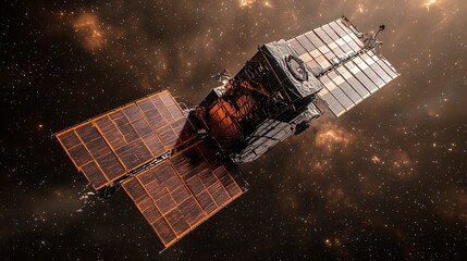 A realistic depiction of a satellite in orbit, its reflective surfaces and angular design contrasting beautifully against the serene void of space.