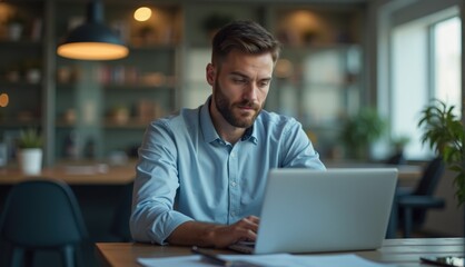 Fototapeta premium man is intently typing on his laptop in a contemporary workspace filled with greenery and soft, warm lighting, emphasizing a productive atmosphere during working hours