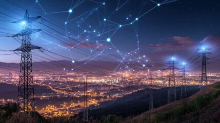 The photo above shows high power electricity poles connected to a smart grid. The photo also shows energy supply, distribution of energy, transmission of energy, and high voltage supply concepts.