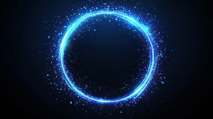 Obraz premium Vector neon light circle in motion. Glowing blue ring trace. Glitter magic sparkle swirl trail effect on black background. Bokeh glitter round wave line with flying sparkling flash lights