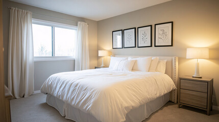 Luxury bedroom with comfortable bed, pillows and  stylish decor