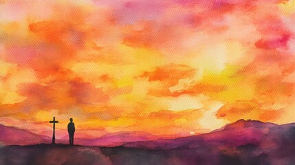 Watercolor lone figure near a cross, silhouetted against fiery sunset sky. Pink, orange, yellow hues; clouds shadow distant mountains