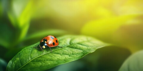 Fototapeta premium A close-up of a ladybug perched on a green leaf in a vibrant natural environment.