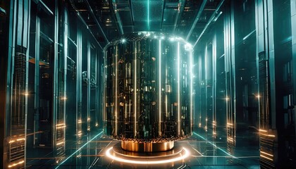 A futuristic quantum computer glowing with neon lights in a high-tech facility, representing advanced technology and innovation