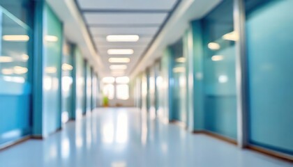 Obraz premium A long bright hallway in a modern building with glass walls and soft lighting, creating an inviting and open environment