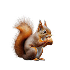 Obraz premium Cute squirrel holding an acorn with fluffy tail on transparent background