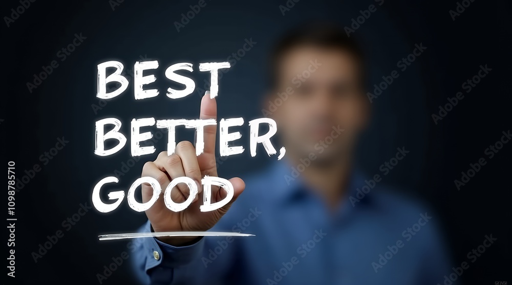 Poster Conceptual Image of Businessman Progressing from Good to Better to Best with Labeled Steps for Professional Growth and Development