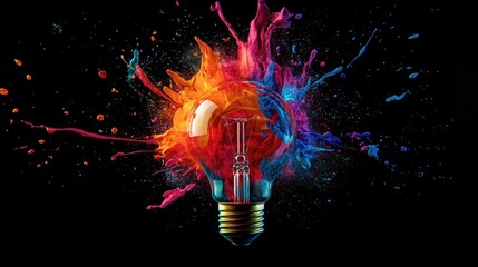 Light Bulb Shattering with Explosive Colorful Paint Splashes Representing Innovative Ideas and Creative Inspiration Against a Dark Background