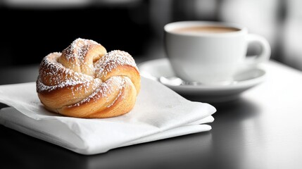 A pastry with powdered sugar on top sits on a napkin next to a cup of coffee