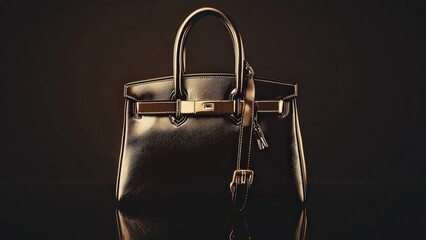 Luxury leather handbag with gold hardware on dark background