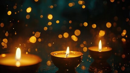 Illuminated oil lamps and flickering candles create a warm glow amidst shimmering bokeh against a dark background during a vibrant festival celebration