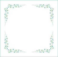 Obraz premium Elegant green vegetal ornamental frame with leaves and blue flowers, decorative border, corners for greeting cards. Isolated vector illustration