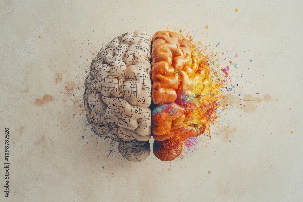 Poster this artwork depicts a brain split into two halves, reflecting both logical and creative thought pro