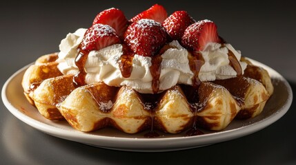 A plate of waffles with whipped cream and strawberries on top