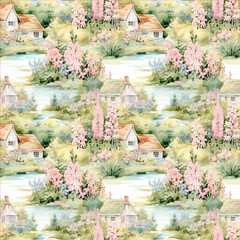 English cottage gardens, watercolor, blooming flowers in gentle hues, peaceful and charming. Background, seamless pattern. 