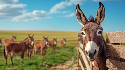 Obraz premium A donkey stands at the fence, curiously observing while the sun shines brightly. In the background, several other donkeys graze peacefully in a lush, open pasture under a clear blue sky