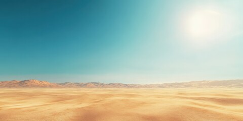 Expansive desert landscape under a clear blue sky with bright sunlight shimmering.