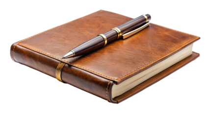 Elegant leather notebook with a shiny pen resting on top, perfect for writing notes or journaling in any creative space