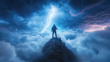 Fototapeta premium A solitary hiker stands confidently on a rocky summit while dark storm clouds swirl above, illuminated by powerful lightning strikes during twilight