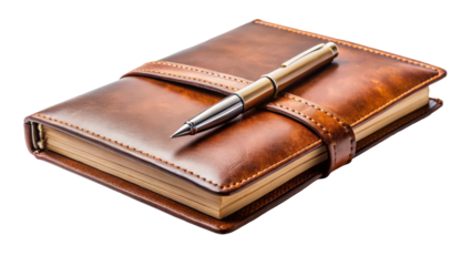 Elegant leather notebook with a shiny pen resting on top, perfect for writing notes or journaling in any creative space