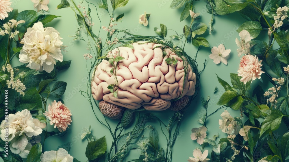 Aufkleber a brain is artistically arranged among various flowers and green plants, creating a visually strikin