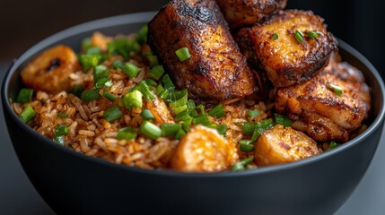 A bowl of food with rice, chicken, and vegetables