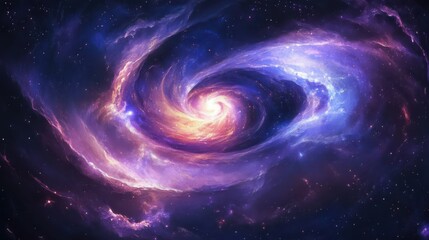 mesmerizing cosmic spiral of stardust and nebulae. golden ratio pattern emerging from swirling galaxies. deep space background with twinkling stars and celestial bodies in rich purples and blues.