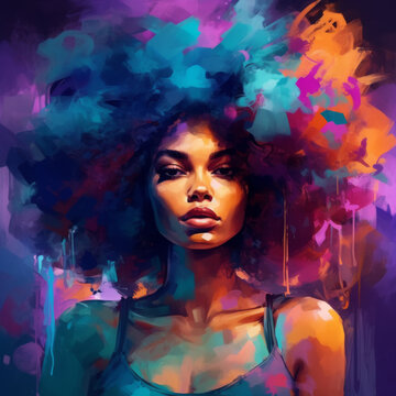 Portrait of a stunningly beautiful young African American woman painted with bright colors