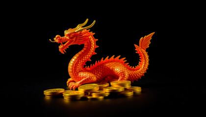 Fototapeta premium Golden Dragon Figurine with Coins on Black Background