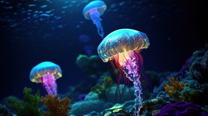 An imaginative 3D animation of bioluminescent jellyfish floating gracefully amidst a coral reef illuminated by underwater turbines harnessing ocean currents