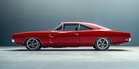 Obraz premium Sleek red vintage car parked in a modern, minimalist garage setting.