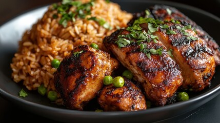 A plate of food with rice and chicken