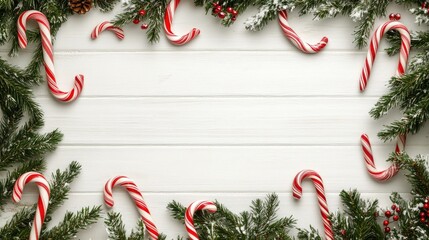 Christmas backdrop featuring a frame of candy canes and pine branches on a white vintage wooden background, designed with space for textual content.