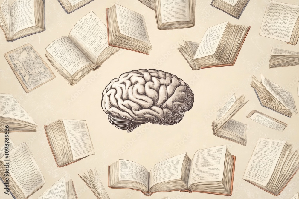 Aufkleber a brain is at the center, surrounded by open books and fluttering pages, representing the endless pu