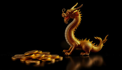 Fototapeta premium Golden Dragon Figurine with Coins on Black Background