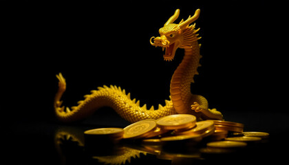 Fototapeta premium Golden Dragon Figurine with Coins on Black Background