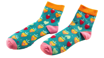Colorful fruit-patterned socks designed for children, featuring strawberries and pineapples on a dark background with vibrant accents