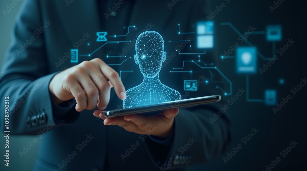 Aufkleber Engaging with Artificial Intelligence: A Man Interacting with Virtual AI Technology for Instant Answers and Solutions