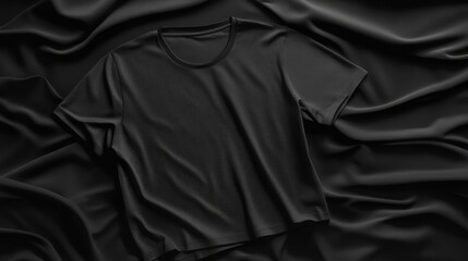 Black t-shirt laid flat on smooth dark fabric background, showcasing its simple design and texture for a minimalist aesthetic.