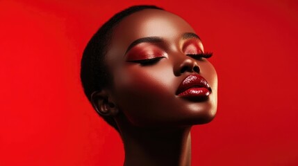 Glamorous portrait of a model showcasing glossy red makeup and bold eyelashes, set against a striking red background, exuding elegance and confidence.