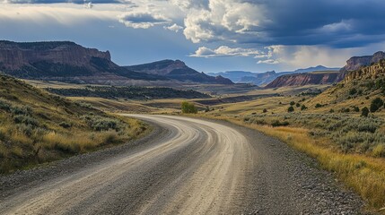 Gravel road winding through mountain valley,