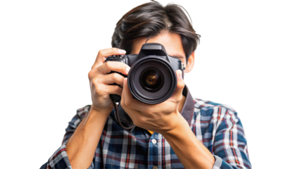 Young man capturing a moment with a DSLR camera in a bright, simple background during daylight hours
