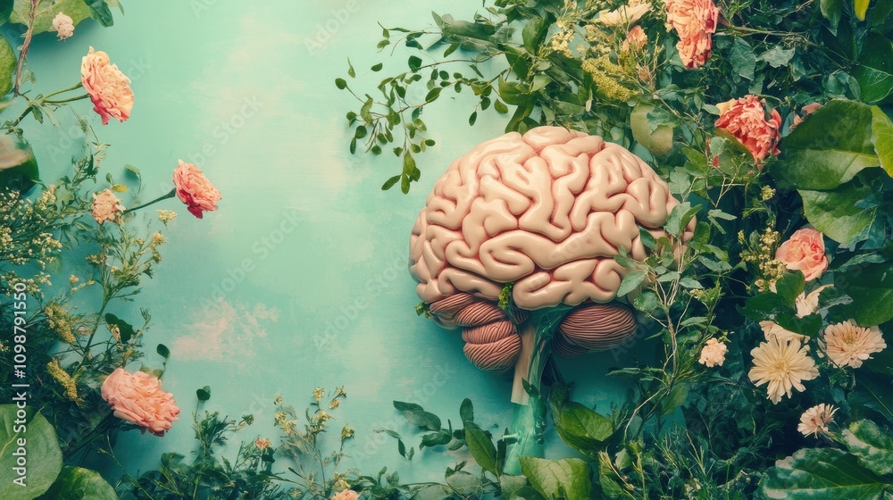 Poster a brain is placed among colorful flowers and lush greenery, creating a serene atmosphere filled with