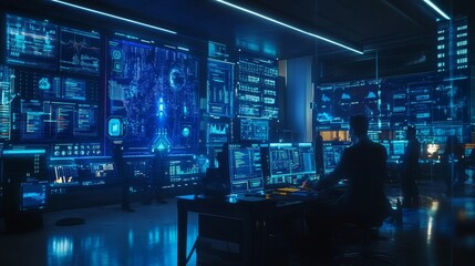 Futuristic Tech Control Room with Glowing Screens