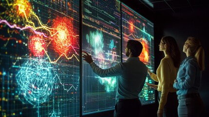 Team Analyzing Data on Interactive Display