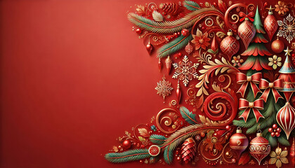 Fototapeta premium Square banner with gold and red Christmas symbols and text. Christmas tree, balls, golden tinsel confetti and snowflakes on red background. Header for website template